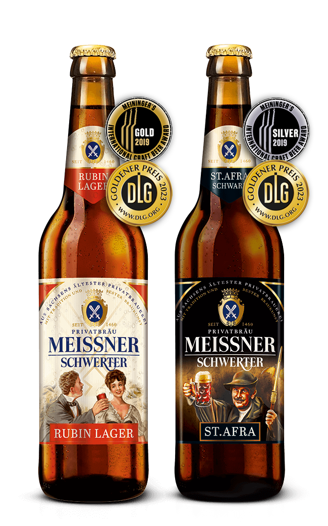 Dunkle Biere: Rubin Lager (Craft Beer Award Gold 2019 + DLG Gold 2023) und Sankt Afra Schwarz (Craft Beer Award Silber 2019 +DLG Gold 2023)